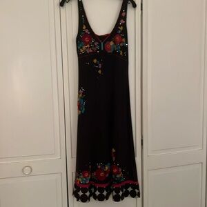 Common Thread black knit dress w/ floral embroidery and polka dot bottom large